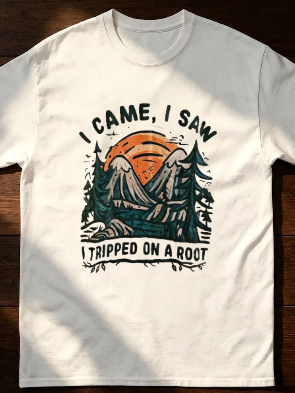 Gildan White Tee with Orange Sunset and Green Mountain Graphic